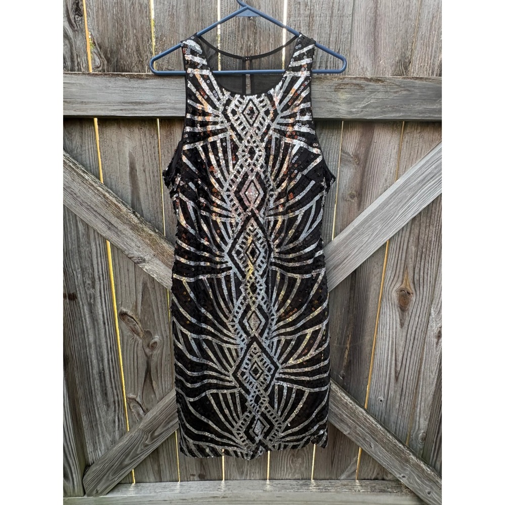 Bisou Bisou Michele Bohbot Silver Black Sequin Art Deco Sheath Dress Size 12